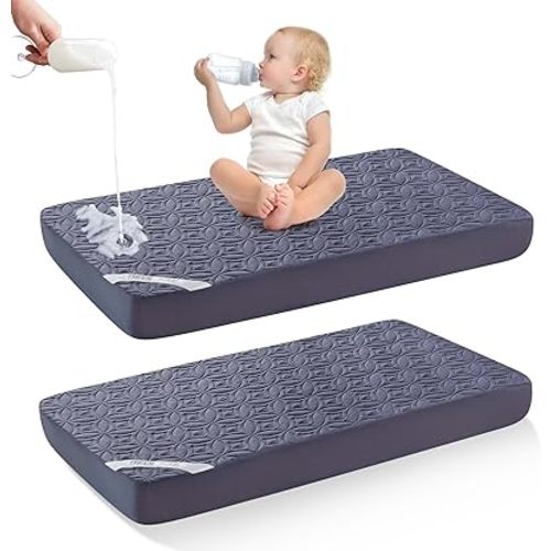 Waterproof Crib Mattress Protector 2 Pack, Soft and Breathable Crib Mattress Pad Cover, Noiseless Machine Washable Toddler Mattress Protector for Standard Baby Toddler Bed (52''x28'',Navy Blue)