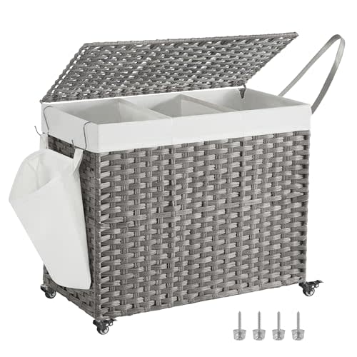 SONGMICS Laundry Hamper with Lid, 42.3 Gallons (160 L), Rolling Laundry Basket with Wheels, 3-Section Synthetic Rattan, Removable Liner, Bedroom, 29.9 x 13 x 26 Inches, Gray ULCB365G01