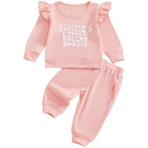 Aunties Bestie Baby Outfit Toddler Girl Long Sleeve Pullover Tops and Waffle Pants Set 2Pcs Infant Fall Winter Clothes