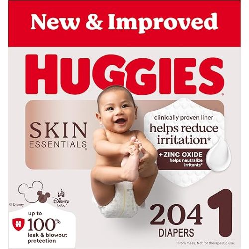 Huggies Size 1 Diapers, Skin Essentials Baby Diapers, Size 1 (8-14 lbs), 204 Count (3 Packs of 68), Packaging May Vary