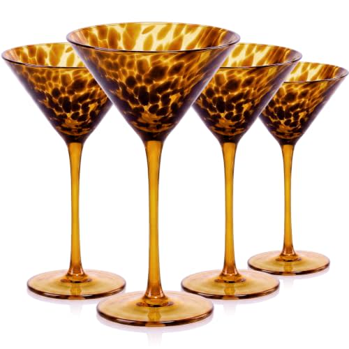 SIPBYSOP Tortoise Shell Martini Glasses Set of 4, Tortoise Shell Decor, Amber Cocktail Glasses Coupe Glasses, Vintage Tortoise Glassware for Home Bar Decor and Entertaining