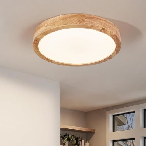 Modern LED Ceiling Light for Bedroom: Minimalist Wood Flush Mount Ceiling Light Fixture with Acrylic Lampshade - 3000K Not Dimmable Overhead Ceiling Lamps for Kitchen Hallway Living Room (11.8" Wood)