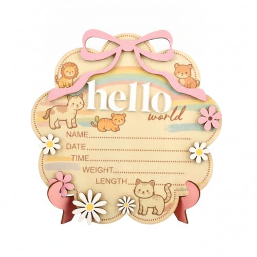 Baby Announcement Sign, Double Sided Hello World and She’s Here Newborn Sign, Wooden Hello World Birth Name Plaque for Nursery Decor, Newborn Gift (Flower)
