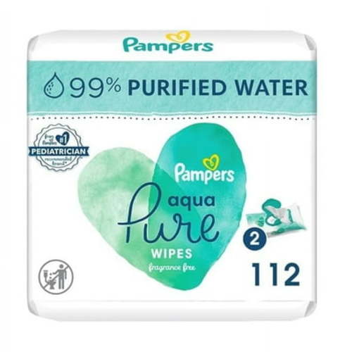 Pampers Aqua Pure Sensitive Baby Wipes, 99% Water, Hypoallergenic, Unscented, 2 Flip-Top Packs (112 Wipes Total)