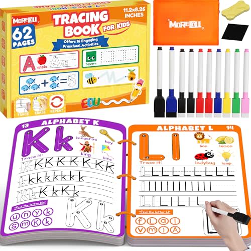 Preschool Learning Activities Educational Workbook, 62 Reusable Pages Pre Kindergarten Workbooks, Number Letter Tracing Books for Kids, Autism Learning Materials, ABC Busy Book for Kids Ages 3-7