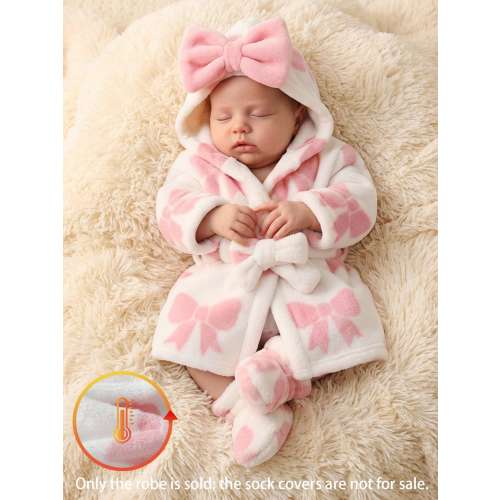 SHEIN Autumn/Winter Double-Sided Flannel Bow Print Baby Girl Newborn Bathrobe Nightgown