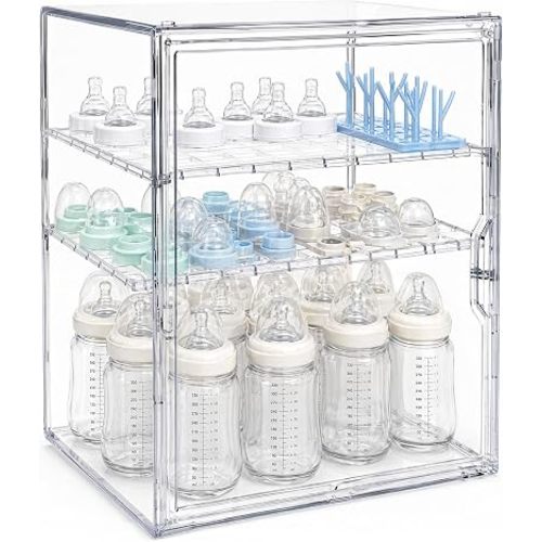 buywoo Baby Bottle Storage Organizer for Countertop & Cabinet, 3-Tier Clear Acrylic Bottles Storage Container Station with 2 Adjustable Dividers & Magnetic Door, Baby Essentials for Newborn Registry
