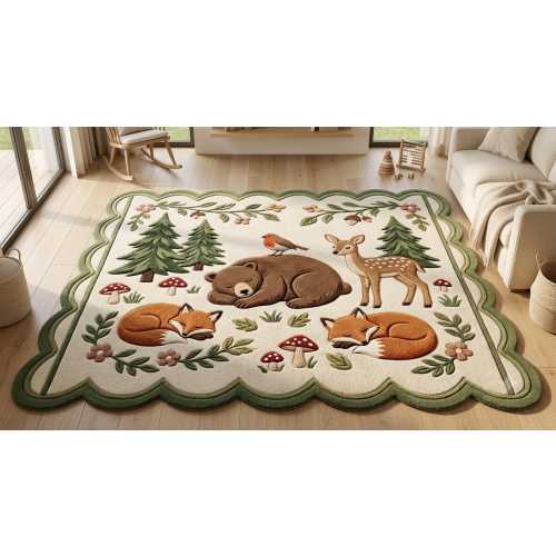 Hand Tufted Woodland Animal Nursery Rug, 3D Sculpted Forest Bear Deer Fox Carpet with Scalloped Green Border for Kids Playroom, Custom Size