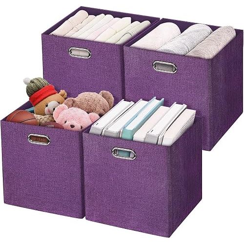 Storage Boxes, Foldable Organiser Cube Basket Bin, Thick and Heavy Duty (28×28×28cm/4pcs, Purple)