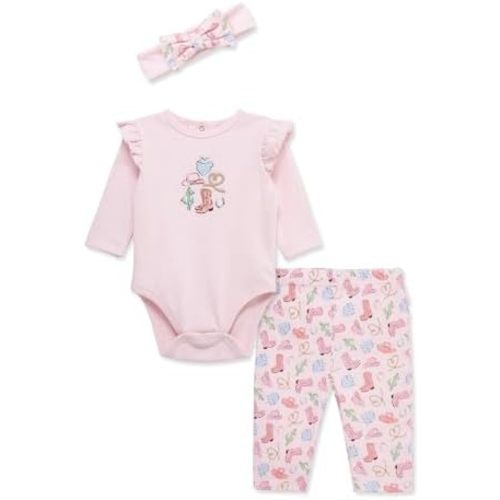 Little Me Baby Girls' 3-Pc 100% Cotton, Bodysuit, Matching Headband and Pant Set, 3 Months to 24 Months
