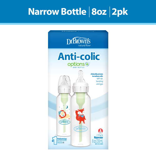 Dr. Brown's Natural Flow Anti-Colic Options+ Narrow Baby Bottle, Fox & Lion, 8 oz/250 mL, with Level 1 Slow Flow Nipple, BPA Free, 0m+, 2-Pack