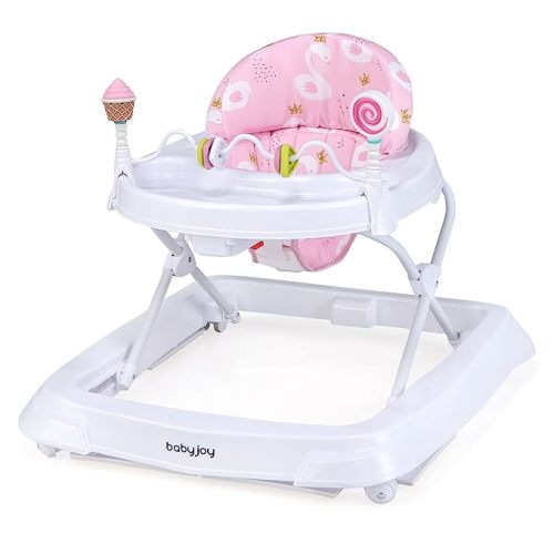 BABY JOY Baby Walker, Foldable Activity Walker with Adjustable Height, Large Tray & Removable Toys, Baby Walker with Wheels for Boys Girls 6-18 Months (Pink, Swan Pattern)