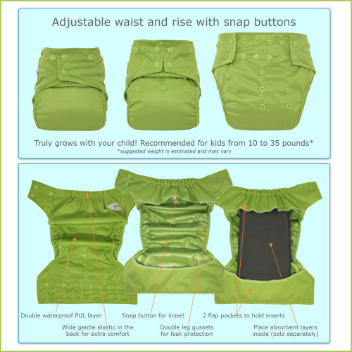 EcoAble Waterproof Diaper Cover for Cloth Diapers — Reusable PUL Shell with Double Leg Gussets (10–35 lbs)