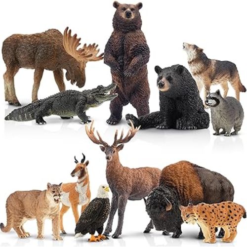 Toymany 12PCS North American Forest Animal Figurines, Realistic Jungle Animal Set Includes Moose,Cougar,Wolf,Bear,Eagle,Deer Educational Toy Cake Toppers Christmas Birthday Gift for Toddlers Kids 3-5