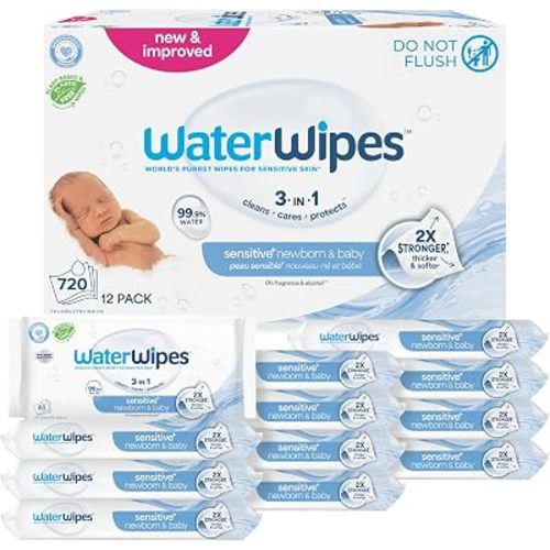 WaterWipes Sensitive+ Newborn & Baby Wipes, 3-In-1 Cleans, Cares, Protects, 99.9% Water, Unscented & Hypoallergenic, 720 Count (12 Packs)