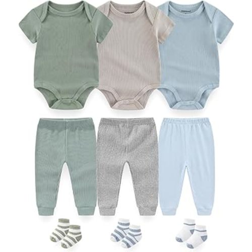 Baby Layette Gift Set 9-Piece Baby Bodysuits and Pants Set Infant Boy Girl Clothes Outfits