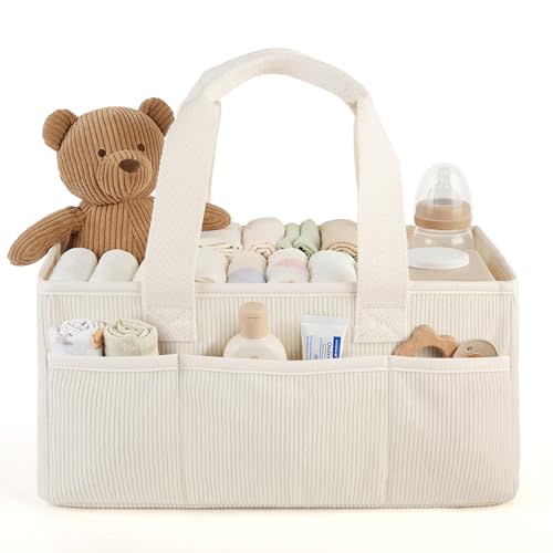 Baby Diaper Caddy Organizer with Portable Changing Mat-Portable Baby Organizers and Storage, Gift for Baby Shower, Corduroy Baby Essentials Organizer with Removable Dividers (Corduroy)