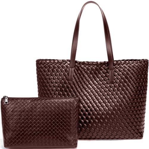 Large Capacity Shoulder Handbag Woven Leather Tote Bag with Matching Pouch Travel Lightweight