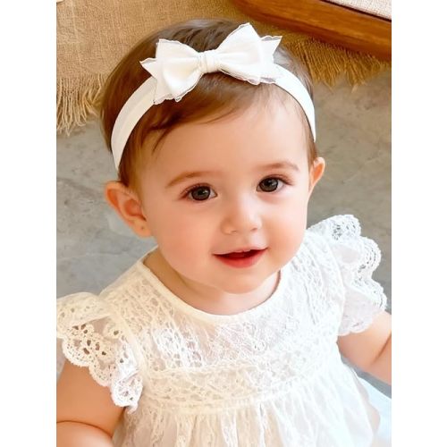 Baby Girls Headband White Bow Lace Headbands Soft Elastic Bowknot Hairbands Cute Hair Accessory for Newborn Kids Infant Toddler Baptism Birthday Party (Double Bow)