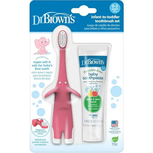 Dr. Brown's Infant-to-Toddler Toothbrush and Toothpaste Set, Pink Elephant