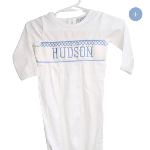 Blue Baby Snuggles - Custom Embroidered Gown and Hat (Quick Ship)