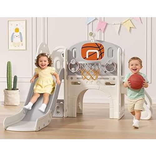 BIERUM 9 in 1 Toddler Slide, Kid Slide for Toddlers Age 1-3 with Ring Toss, Basketball Hoop, and Telescope, Indoor Outdoor Playset Playground Beige Gray