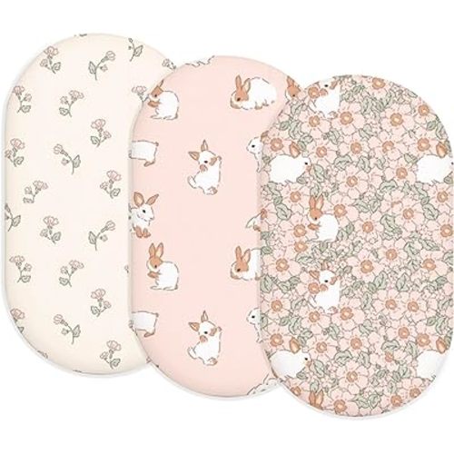 Bassinet Sheets for Baby Girls Boys 2 Pack, Fitted Baby Mattress Sheet for Rectangle, Oval, Hourglass Bassinet Mattress, Breathable Cozy & Universal Fit (Blush Bunny, Bassinet Sheet)