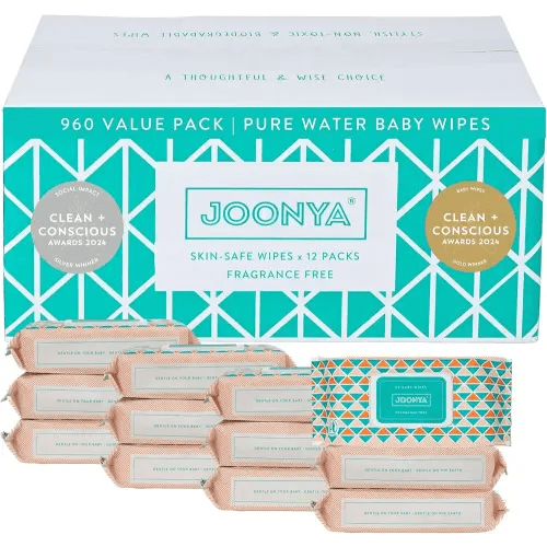 JOONYA Unscented Baby Wipes — Plant-Based, Fragrance-Free Bulk Diaper Wipes | Hypoallergenic, Non-Toxic & Biodegradable Wet Wipes for Sensitive Newborn Skin | 12 Packs of 80 Wipes (960 Total)