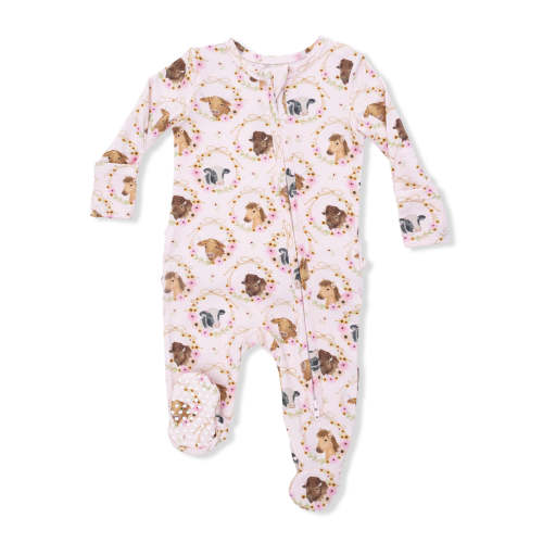 2-Way Zip Ruffle Footie, Farm Animals Floral Cameos