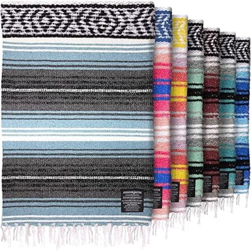 Authentic Large Handwoven Mexican Blanket - Soft Yoga- Durable Serape- Lightweight Falsa, Beach, Camping, Picnic, Outdoor Blanket 70"x50" - Aqua Sky