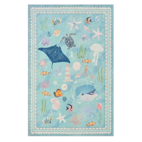 Tropical Ocean Soft Washable Rug Coastal (Sky Blue, 6' x 9') | Faux Wool Stain Resistant Rug Non-Slip for Playroom Nursery Living Room Bedroom Beachy Cute Under the Sea Turtle Nautical