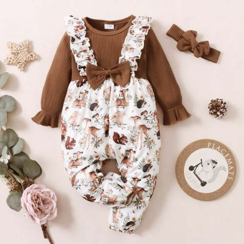 PatPat 2pcs Baby Brown Ribbed Long Sleeve Splicing Animal Print Jumpsuit with Headband Set,Winter Infant Suspender Overalls 0-18 Month