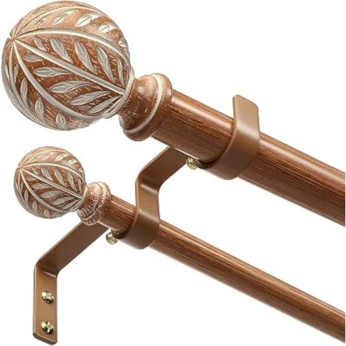 Boho Decorative Double Curtain Rod, 36-122 Inch, Wood Grain