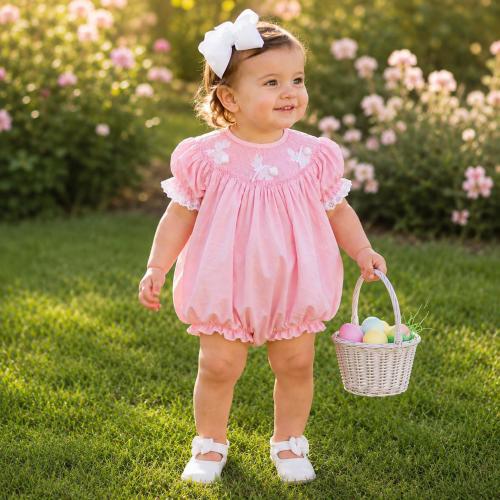 Easter bunny smocked Bubble Romper in pink with lace 110 *B