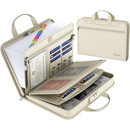 Fireproof Accordion File Organizer with Lock, Thickened Document Organizer 13 Pocket with Zipper & Labels, Important Document Organizer, Expanding File Foler with Handle for Letter A4 Files (Beige)