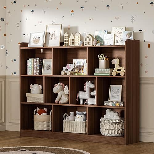 DIYART Brown Bookshelf, Wood Bookcase with 3 Tier Open Shelves, 10-Cube Minimalist Storage Shelf for Living Room, Bedroom, 43.3" W x 35.4" H