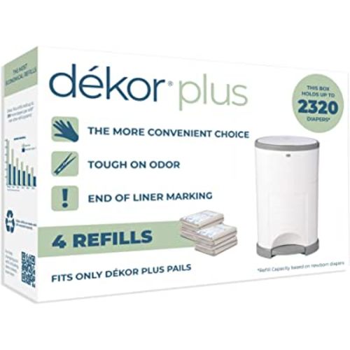 DEKOR Plus Diaper Pail Refills | 4 Count | Most Economical Refill System | Quick & Easy to Replace | No Preset Bag Size – Use Only What You Need | Exclusive End-of-Liner Marking | Baby Powder Scent