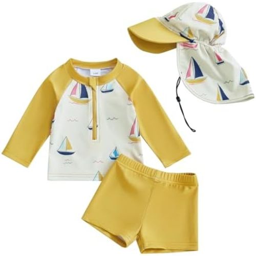 Hnyenmcko Toddler Baby Boys Swim Set Long Sleeve Rashguard Swimsuit Shirt Trunks Infant Bathing Suit Swimwear with Hat