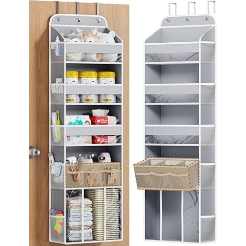 OneDream Over the Door Organizer for Nursery, 5-Tier Baby Clothes Organizer with Removable Storage Caddy, Hanging Behind Door Storage with Clear Pockets and Side Mesh Compartments, Grey