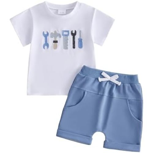 FOCUSNORM Toddler Baby Boy Summer Clothes Excavator Embroidery Short Sleeve T-Shirt Elastic Waist Shorts Set 2 Piece Outfit