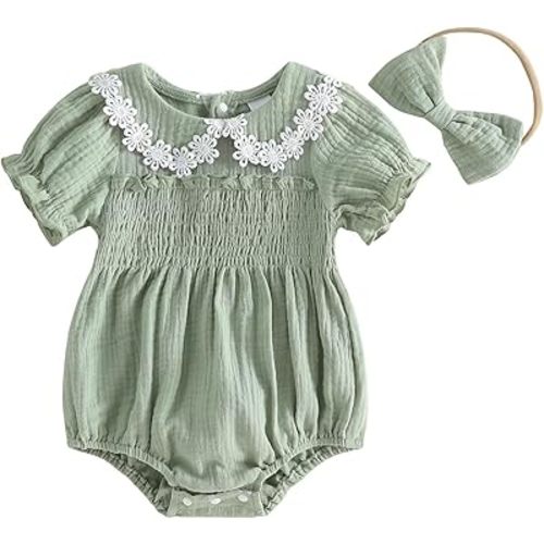 Summer Baby Girl Clothes Newborn Cotton Linen Romper Short Sleeve Infant Smocked Bodysuit Baby Outfits