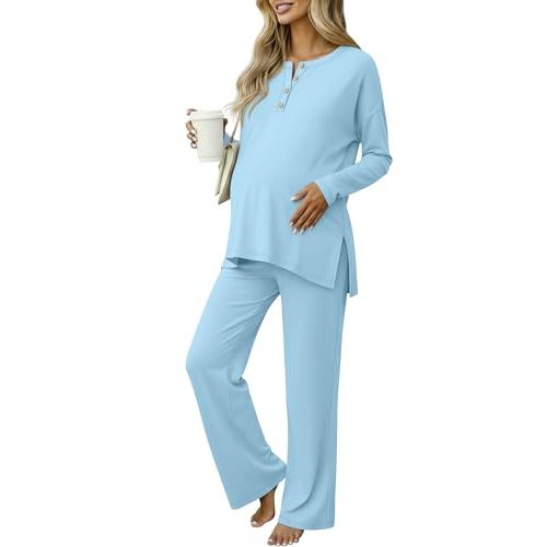 Yearntown Women's Maternity Pajamas Sets, Long Sleeve Pregnancy Postpartum Delivery Lounge Nursing Pjs with Pockets Pjs
