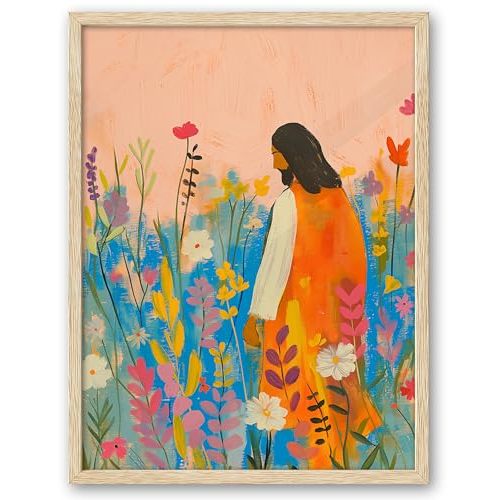 EcoHest OAK Wood Jesus Framed Wall Art, 12x16in The Wildflowers Bible Verse Christian Wall Art, Modern Bedroom Decor For Living Room Bathroom Religious Gift 1Pack