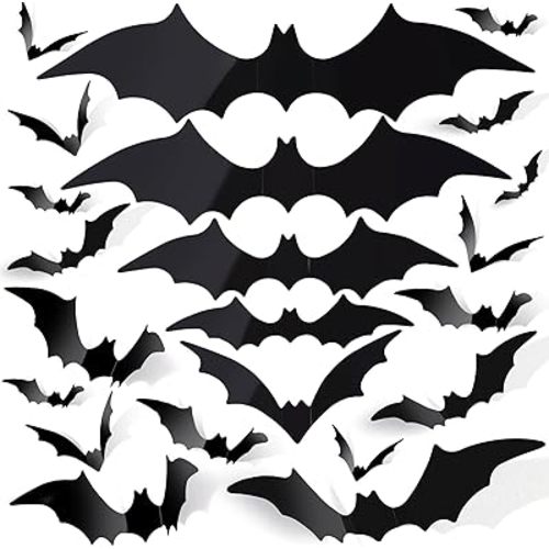 FANDAMEI 140PCS Bats Halloween Decoration, 5 Sizes Bats Wall Decor Party, 3D Bat Wall Decor for Halloween Decorations Indoor Outdoor. Black Sticky Bats Home, Bat Stickers for Window(140PCS)