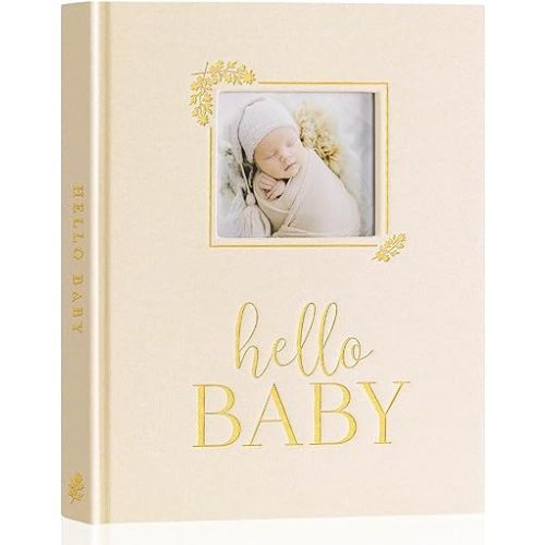 Lanpn Hello Baby Memory Book, Newborn First 5 Year Keepsake with DIY Window, Linen Baby Book Memories Journal Scrapbook Photo Book, Baby Milestone Album for Boy Girl New Parents (Beige, 154 Pages)