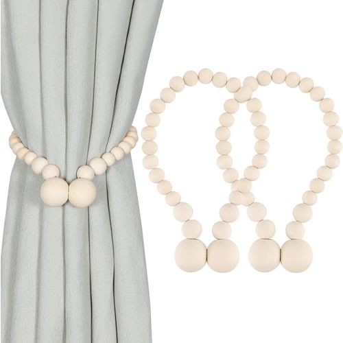 Magnetic Curtain Tiebacks, Curtain Tie Backs for Curtains 2 Pack, Wood Bead Curtain Tiebacks, Curtain Holders for Boho Bedroom Decor, Baby Nursery Decor, Farmhouse Decor