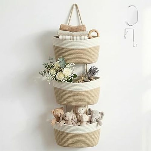 3-Tier Cotton Rope Wall Hanging Storage Baskets, Woven Over The Door Hanging Organizer for Bathroom Bedroom Living Room Nursery, Boho Hanging Shelves for Towels Toys Cosmetics (Beige & White)
