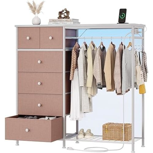 Dresser with Hanging Rack for Bedroom, 6-Drawer Chest of Drawers with LED Lights & Charging Station, Fabric Storage Dressers with Wooden Top for Living Room, Entryway, Pink