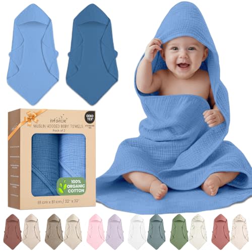 100% Organic Cotton 2 PK Muslin Baby Hooded Bath Towel 32x32 in | Oeko-TEX Certified, Bath & Hooded Towels, Towels, Baby Towels For Newborn, Blue/Aquarius Unisex Design, Cozy hood keeps b