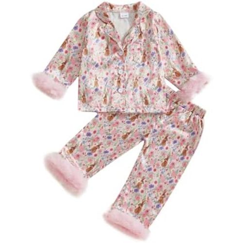 MAINESAKA Toddler Baby Girl Satin Pajamas Set Feather Trim Long Sleeve Button Down Tops Long Pants 2Pcs Pjs Sleepwear Outfits